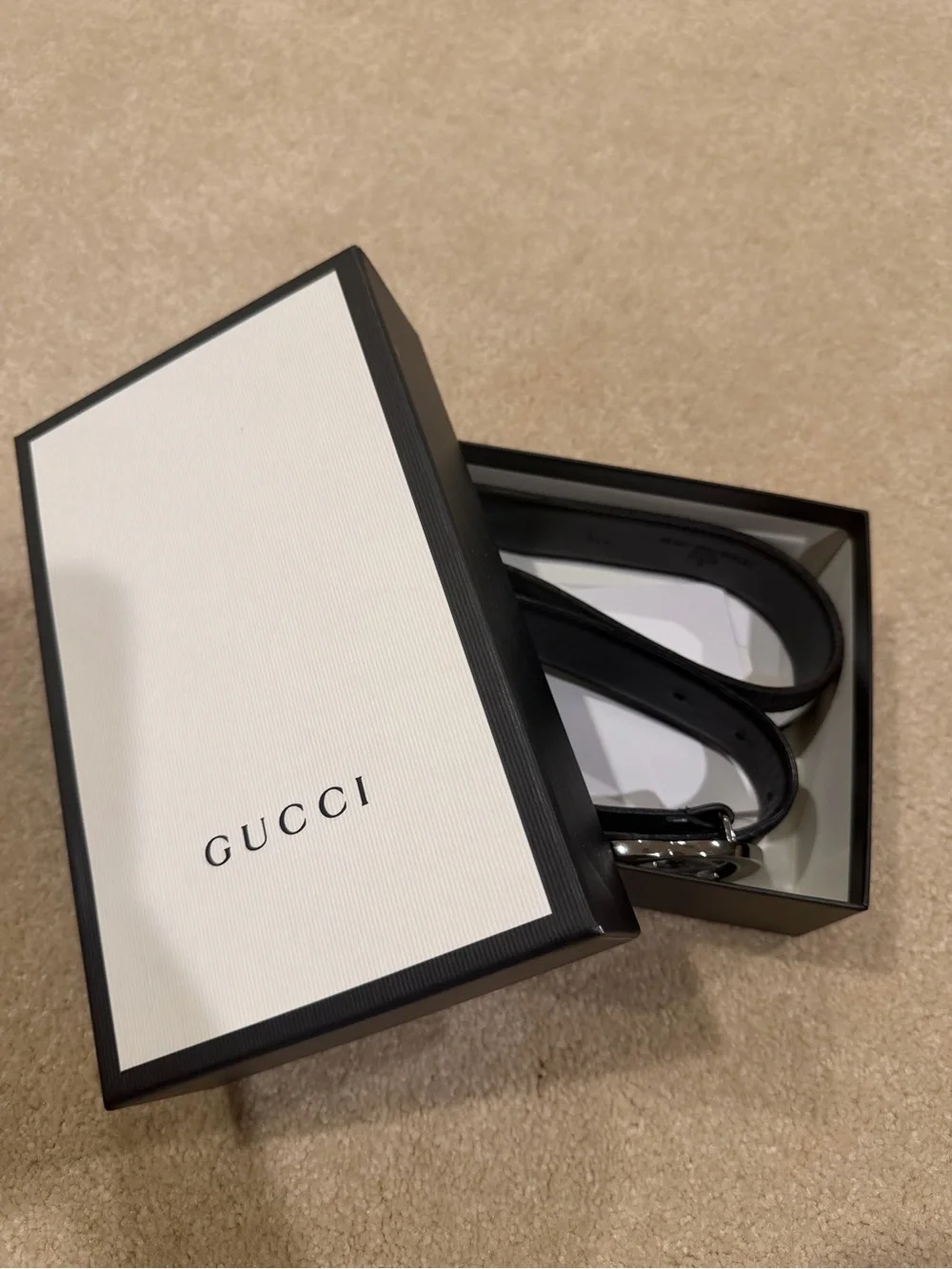 Gucci Men's Black Belt with White Stripe and Silver Double G Buckle